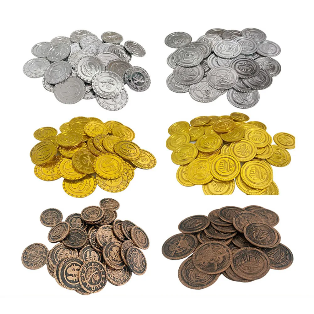 Arcade Game Coin - 子供のためのプラスチック製の海賊ゴールドとシルバーのコイン、偽のコイン、ハロウィーンのゲーム、誕生日パーティーの装飾、宝物用品、100個、200個